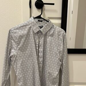 Express 
The circles on the shirt are black and lavender
Extra slim fit
Medium